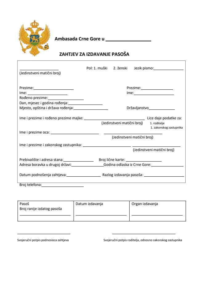 ZAHTJEV ZA IZDAVANJE PASOŠA