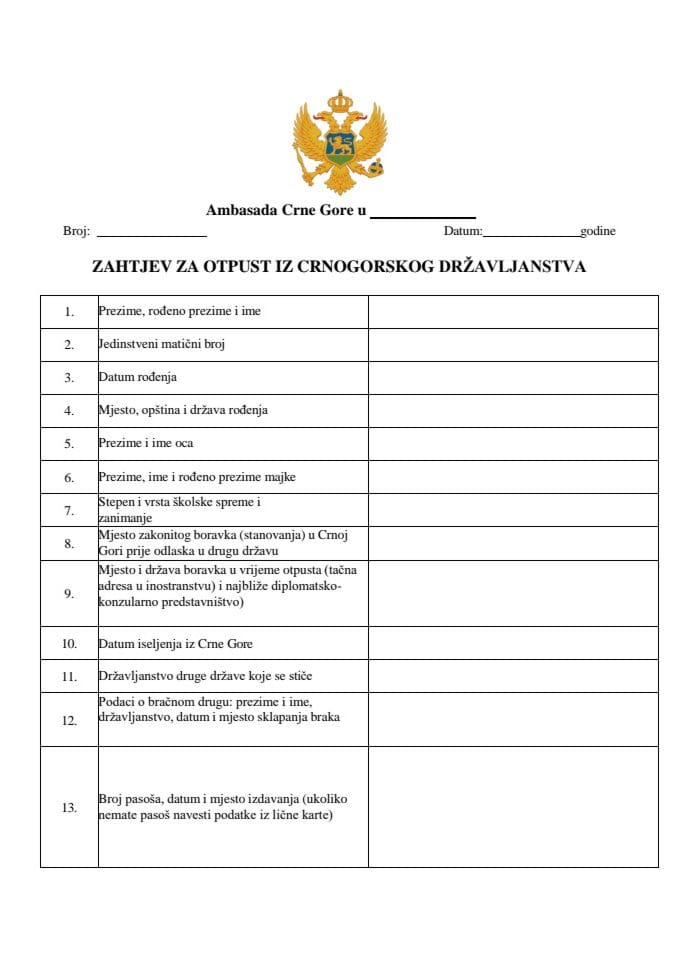 ZAHTJEV ZA OTPUST IZ CRNOGORSKOG DRŽAVLJANSTVA