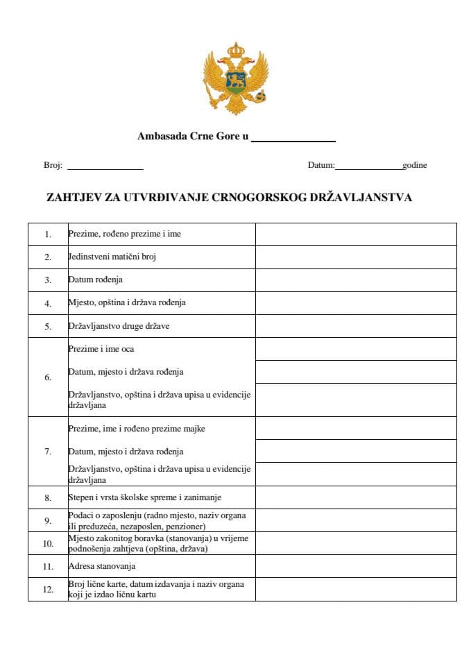 ZAHTJEV ZA UTVRĐIVANJE CRNOGORSKOG DRŽAVLJANSTVA