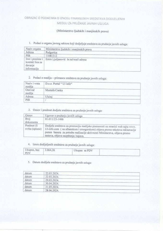 Obrazac o podacima o iznosu finansijskih sredstava dodijeljenih mediju za pružanje javnih usluga 2024.
