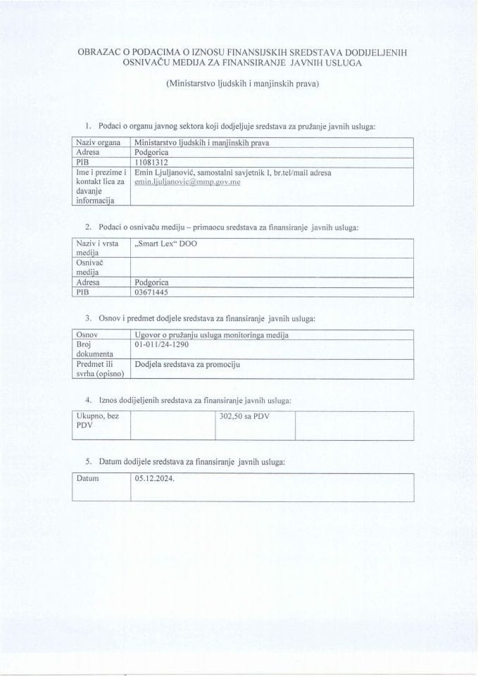 Obrazac o podacima iznosa finansijskih sredstava dodijeljenih osnivaču medija za finansiranje javnih usluga 2024.