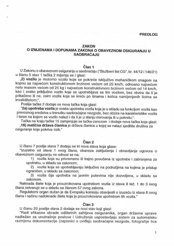 Предлог закона о измјенама и допунама Закона о обавезном осигурању у  саобраћају