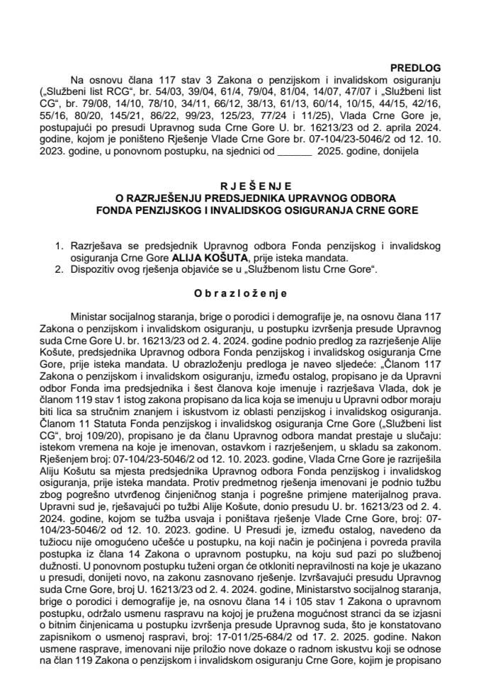 Predlog za razrješenje predsjednika Upravnog odbora Fonda penzijskog i invalidskog osiguranja