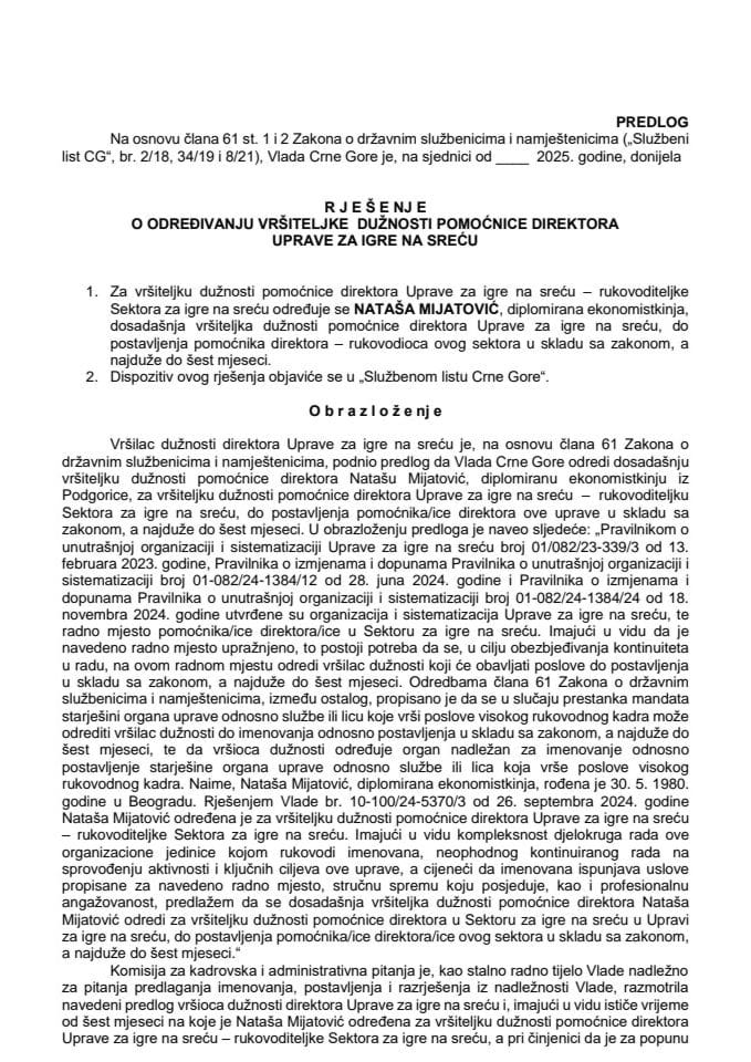 Predlog za određivanje vršiteljke dužnosti pomoćnice direktora Uprave za igre na sreću