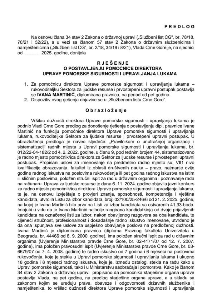 Predlog za postavljenje pomoćnice direktora Uprave pomorske sigurnosti i upravljanja lukama