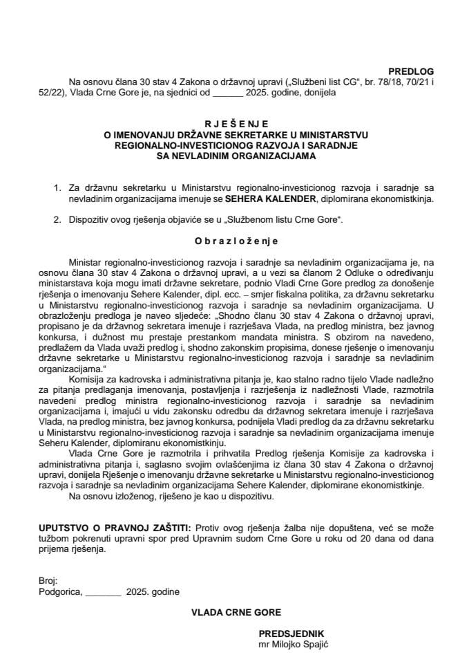 Predlog za imenovanje državne sekretarke u Ministarstvu regionalno-investicionog razvoja i saradnje sa nevladinim organizacijama