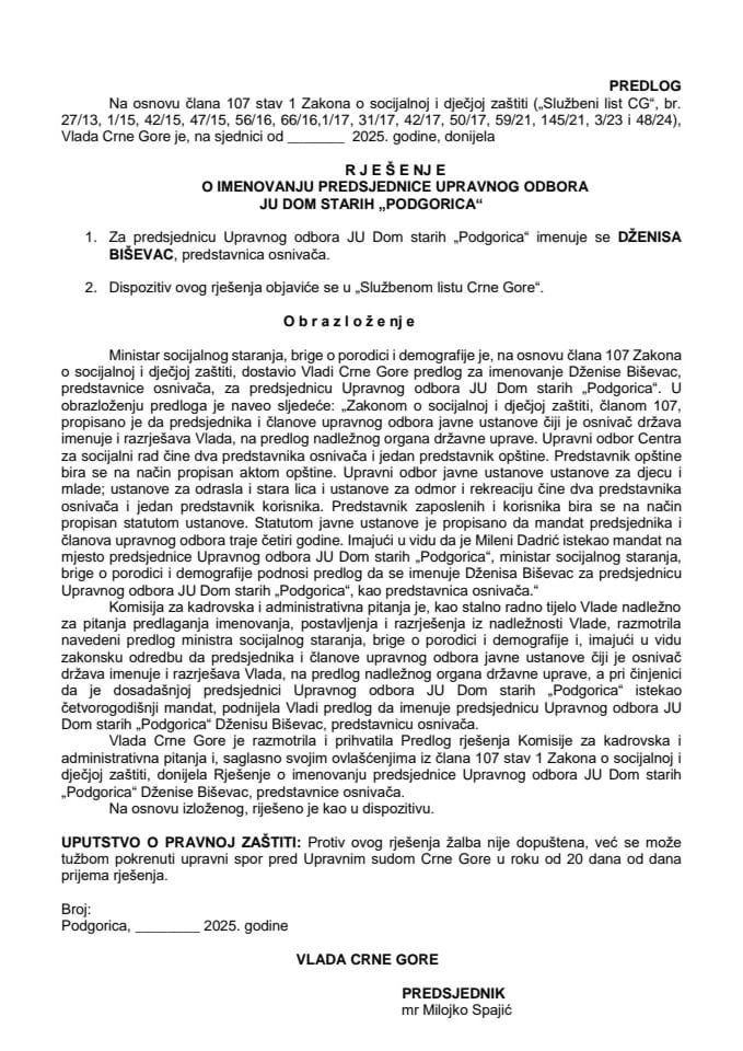 Predlog za imenovanje predsjednice Upravnog odbora JU Dom starih “Podgorica”