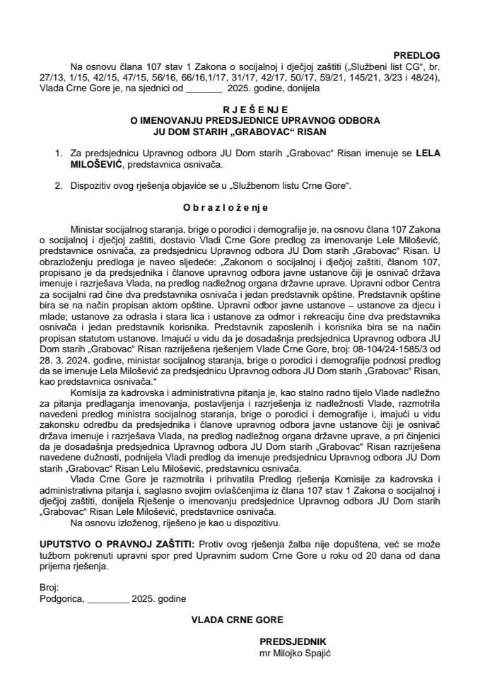 Предлог за именовање предсједнице Управног одбора ЈУ Дом старих “Грабовац” Рисан