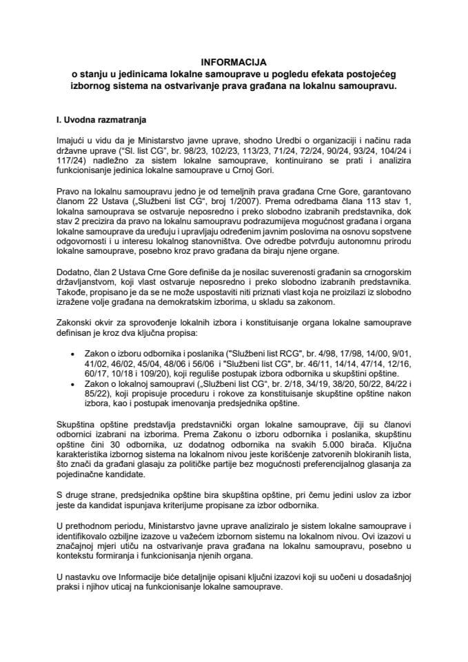 Informacija o stanju u jedinicama lokalne samouprave u pogledu efekata postojećeg izbornog sistema na ostvarivanje prava građana na lokalnu samoupravu