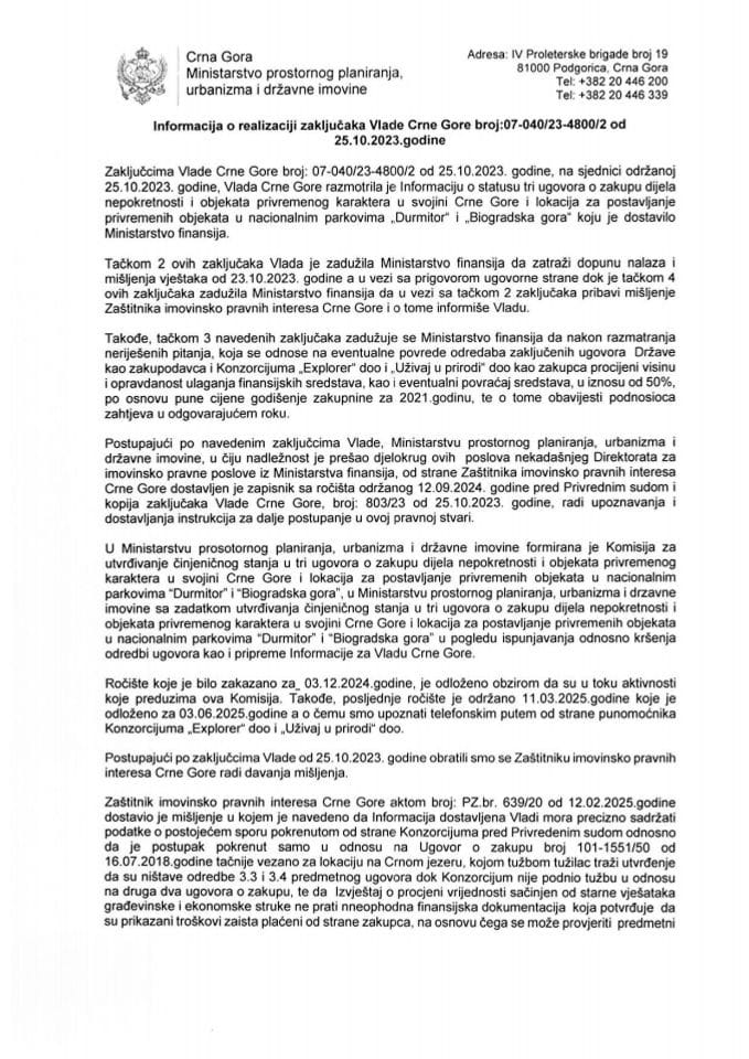 Информација о реализацији закључака Владе Црне Горе број: 07-040/23-4800/2 од 25. 10. 2023. године