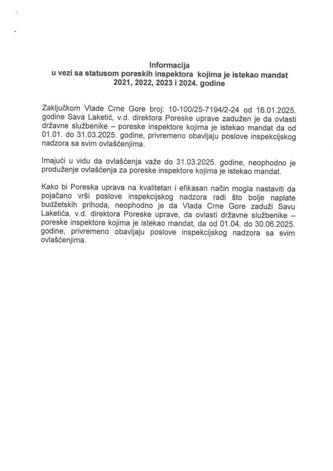 Информација у вези са статусом пореских инспектора којима је истекао мандат 2021, 2022, 2023. и 2024. године