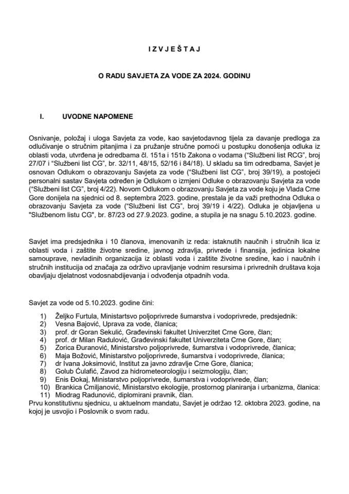 Izvještaj o radu Savjeta za vode za 2024. godinu