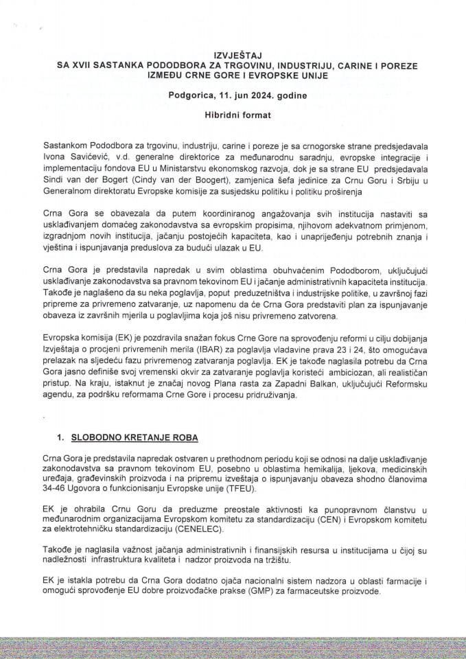 Извјештај са XVII састанка Пододбора за трговину, индустрију, царине и порезе између Црне Горе и Европске уније, Подгорица, 11. јун 2024. године