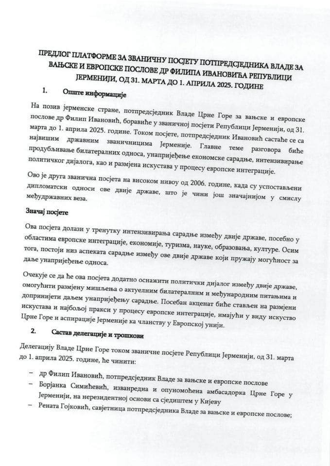 Предлог платформе за званичну посјету потпредсједника Владе Црне Горе за вањске и европске послове др Филипа Ивановића Републици Јерменији, од 31. марта до 1. априла 2025. године