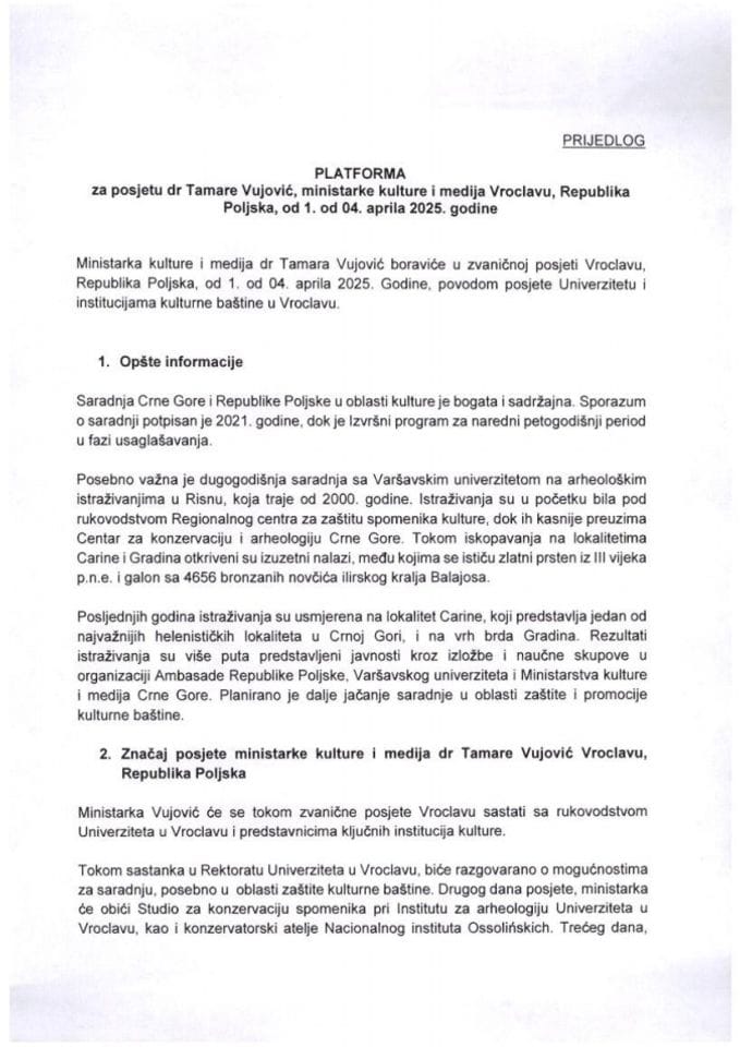 Predlog platforme za posjetu dr Tamare Vujović, ministarke kulture i medija, Vroclavu, Republika Poljska, od 1. od 4. aprila 2025. godine