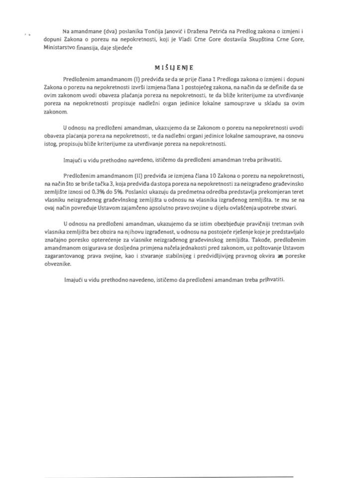 Предлог мишљења на амандмане (два) на Предлог закона о измјени и допуни Закона о порезу на непокретности (предлагачи посланици Тонћи Јановић и Дражен Петрић)