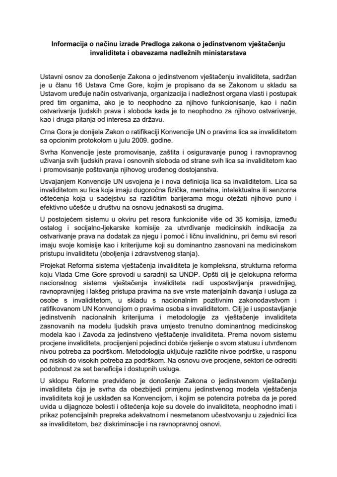 Информација о начину израде Предлога закона о јединственом вјештачењу инвалидитета и обавезама надлежних министарстава