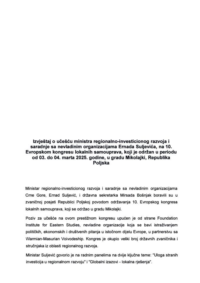 Извјештај о учешћу министра регионално-инвестиционог развоја и сарадње са невладиним организацијама, Ернада Суљевића, на 10. Европском конгресу локалних самоуправа, који је одржан у периоду од 3. до 4. марта 2025. године, у граду Миколајки, Република Пољска