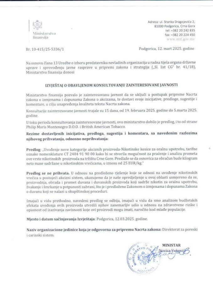 Izvještaj o obavljenom konsultovanju zainteresovane javnosti - Nacrt zakona o izmjenama i dopunama Zakona o akcizama