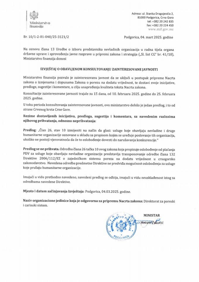 Izvještaj o obavljenom konsultovanju zainteresovane javnosti - Nacrt zakona o izmjenama i dopunama Zakona o porezu na dodatu vrijednost