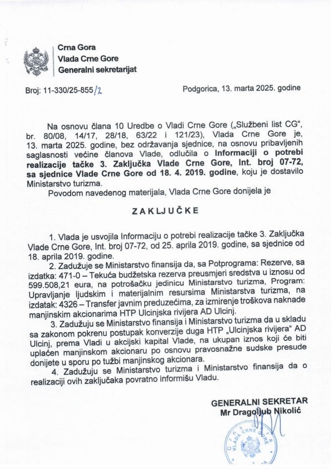 Информација о потреби реализације тачке 3 Закључка Владе Црне Горе, Инт.број 07-72 са сједнице Владе Црне Горе од 18.04.2019. године - Закључци