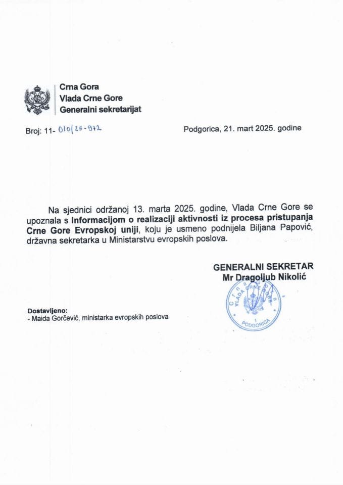 Усмена информација о реализацији активности из процеса приступања Црне Горе Европској унији - Закључци
