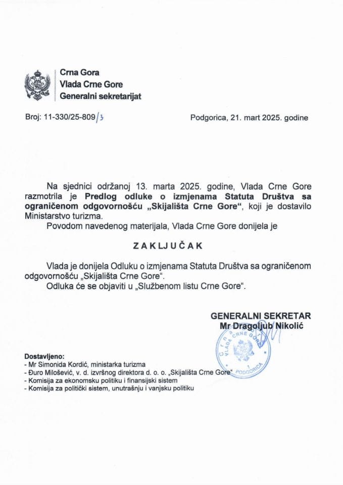 Предлог одлуке о измјенама Статута Друштва са ограниченом одговорношћу „Скијалишта Црне Горе“ - Закључци