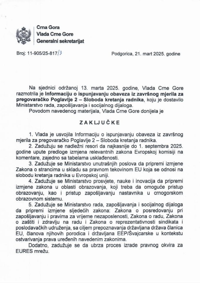 Информација о испуњавању обавеза из завршног мјерила за преговарачко поглавље 2 - Слобода кретања радника - Закључци