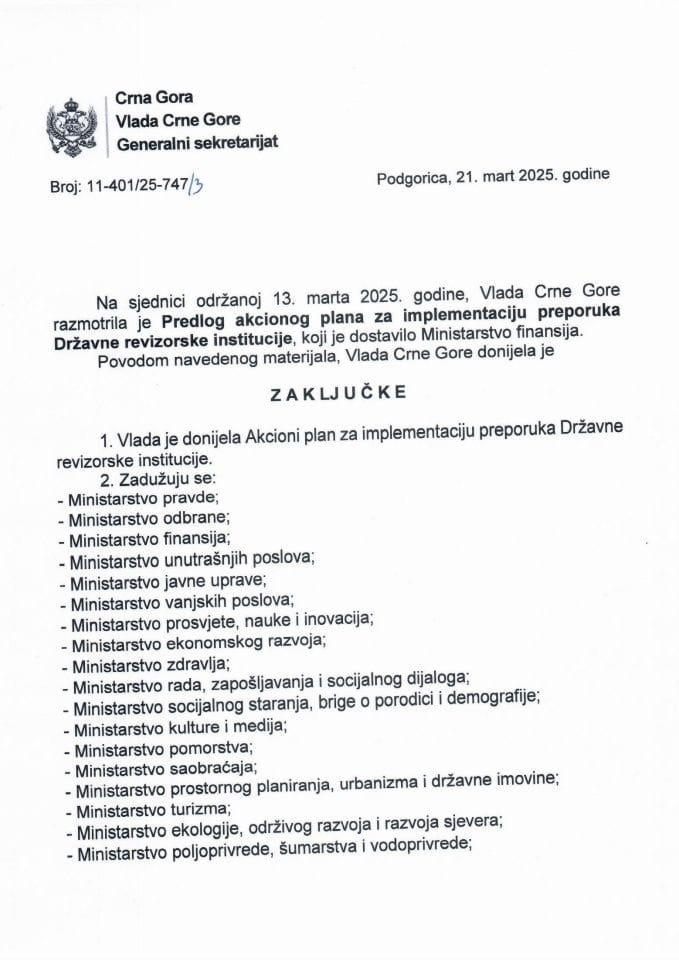 Предлог акционог плана за имплементацију препорука Државне ревизорске институције - Закључци