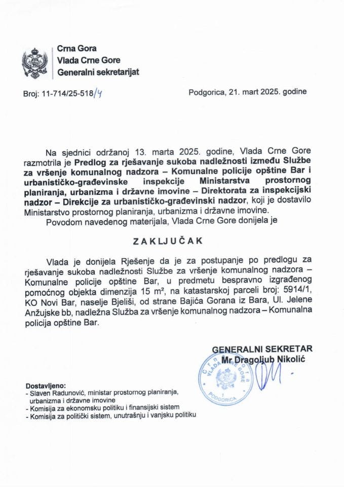 Предлог за рјешавање сукоба надлежности између Службе за вршење комуналног надзора - Комуналне полиције општине Бар и урбанистичко - грађевинске инспекције Министарства просторног планирања, урбанизма и државне имовине - Закључци