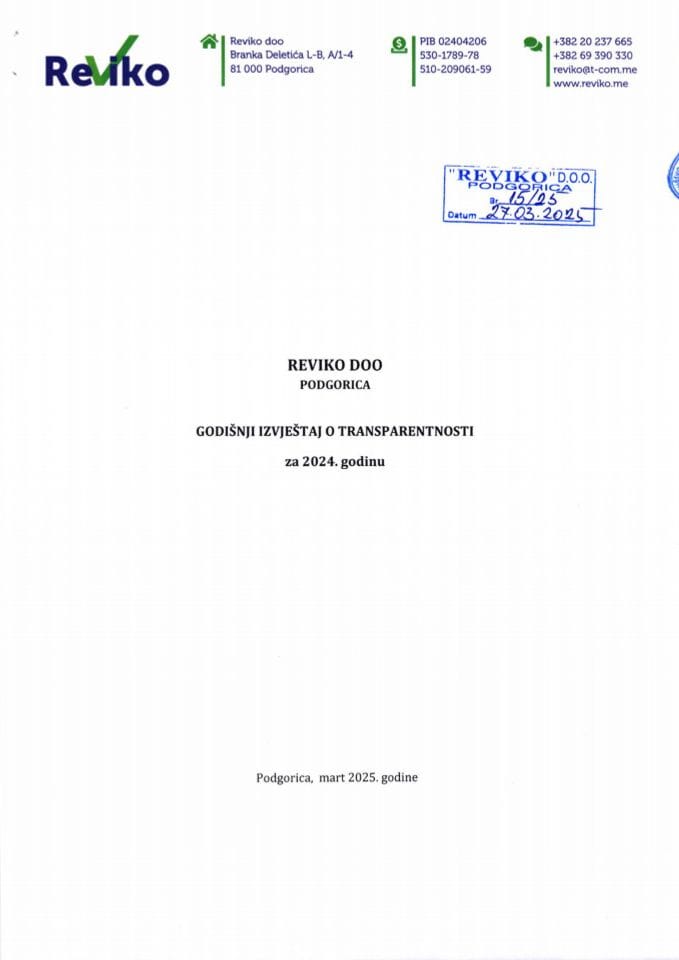 Izvještaj o transparentnosti društva za reviziju Reviko