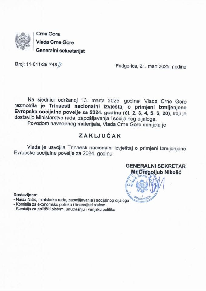 Тринаести национални извјештај о примјени Измијењене Европске социјалне повеље за 2024. годину (чл. 2, 3, 4, 5, 6, 20) - Закључци