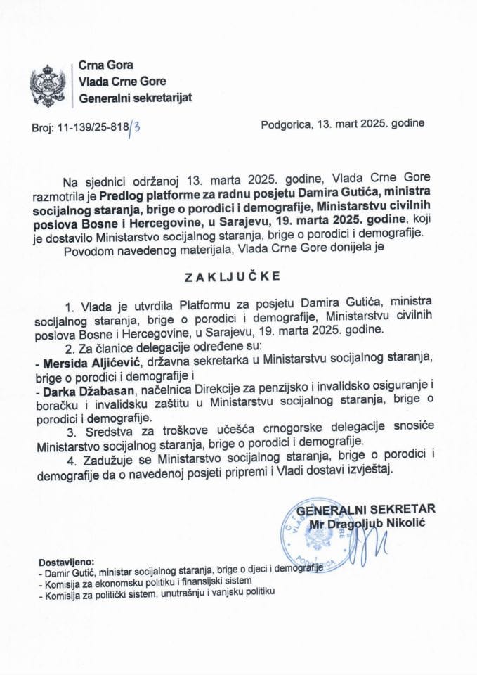 Предлог платформе за радну посјету Дамира Гутића, министра социјалног старања, бриге о породици и демографије, Министарству цивилних послова Босне и Херцеговине, у Сарајеву, 19. марта 2025. године - Закључци