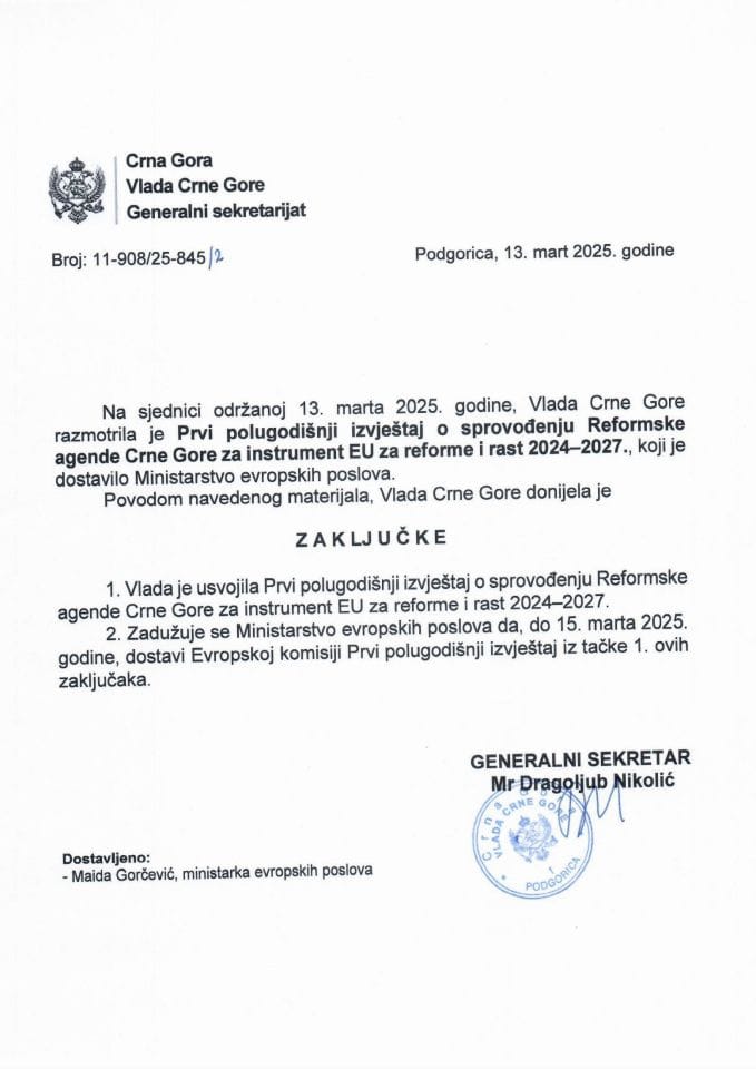 Први полугодишњи извјештај о спровођењу Реформске агенде Црне Горе за инструмент ЕУ за реформе и раст 2024-2027. - Закључци