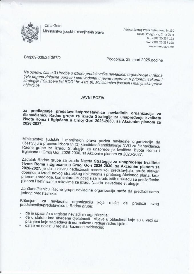 Javni poziv za predlaganje predstavnika/predstavnice nevladinih organizacija za člana/članicu Radne grupe za izradu Strategije za unapređenje kvaliteta života Roma i Egipćana