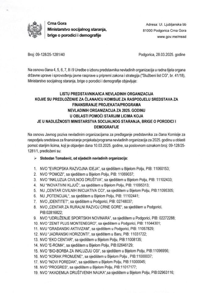 Lista NVO koje su predložile predstavnika za Komisiju za raspodjelu sredstava za finansiranje projekata za 2025. godinu, za oblast pomoć starijim licima