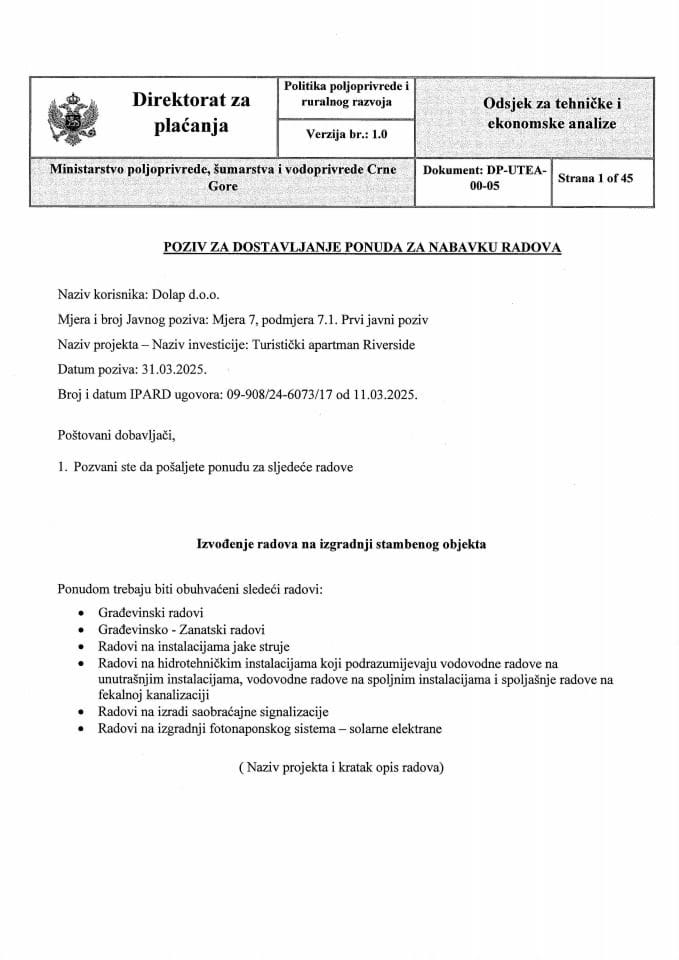 Poziv za dostavljanje ponuda za nabavku radova - Turistički apartman Riverside