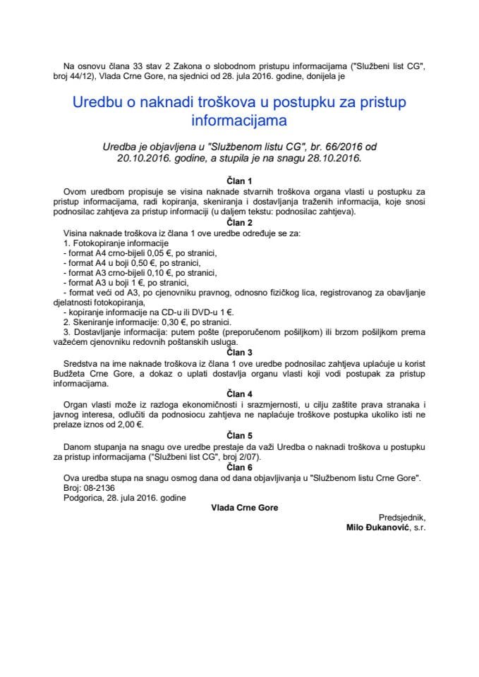 Uredba o naknadi troškova u postupku za pristup informacijama