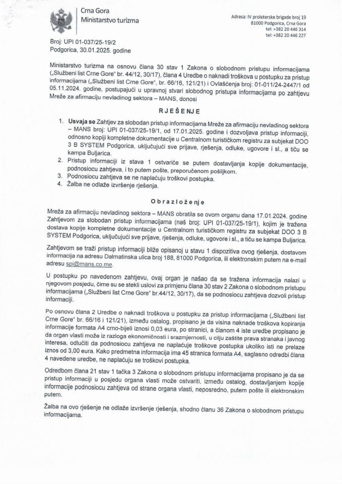 Rješenje - Slobodan pristup informacijama - UPI 01-037-25-19-2 Mreža za afirmaciju nevladinog sektora - MANS