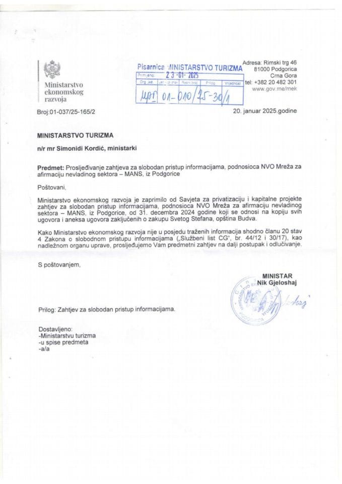 Zahtjev - Slobodan pristup informacijama - UPI 01-037-25-30-1 - Mreža za afirmaciju nevladinog sektora - MANS
