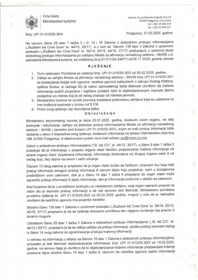 Rješenje - Slobodan pristup informacijama - UPI 01-037-25-30-4 Mreža za afirmaciju nevladinog sektora - MANS