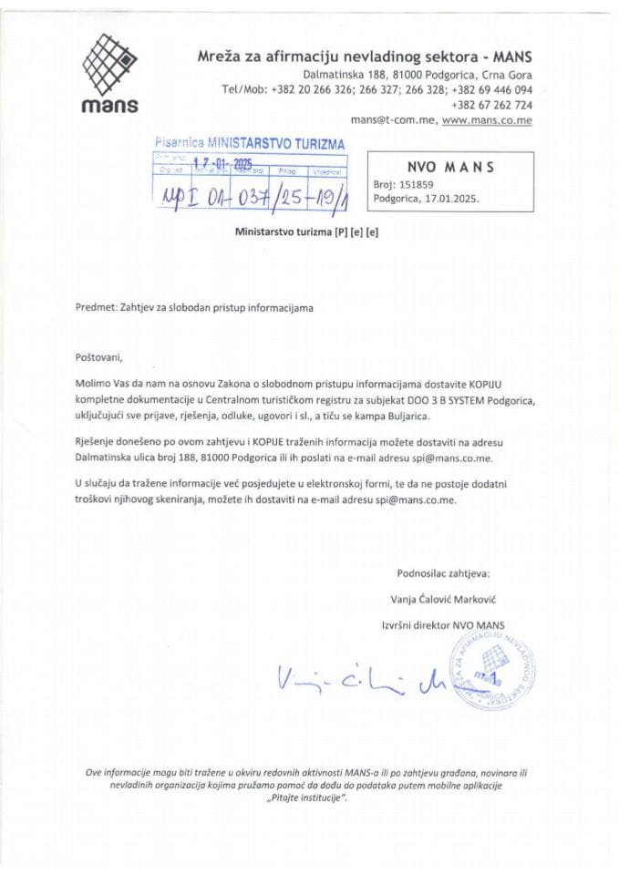 Zahtjev - Slobodan pristup informacijama - UPI 01-037-25-19-1 - Mreža za afirmaciju nevladinog sektora - MANS