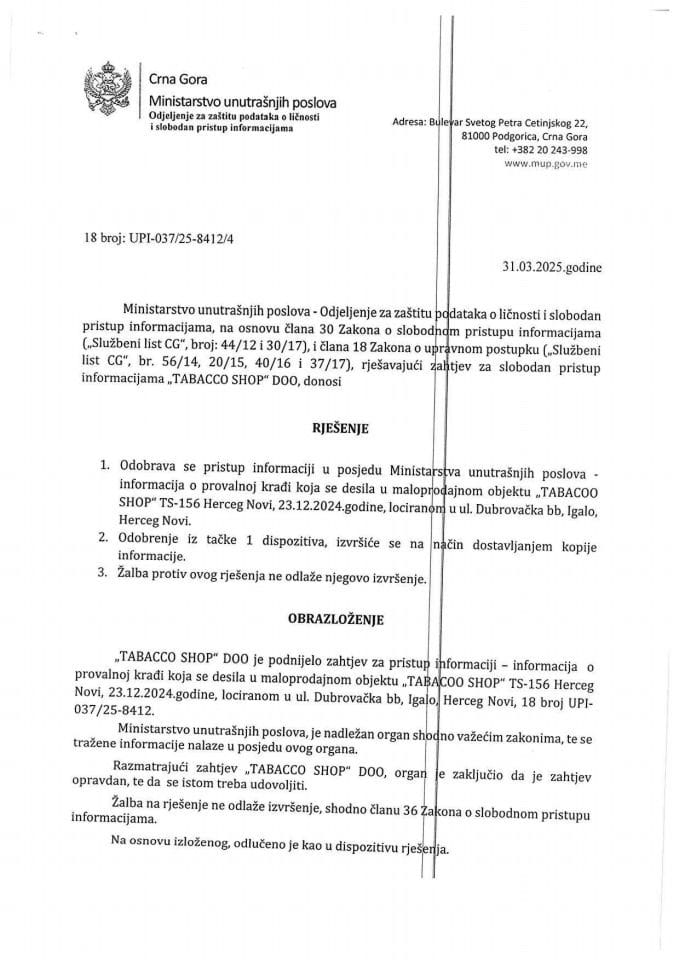 Rješenje br. 18-UPI-037/25-8412/4