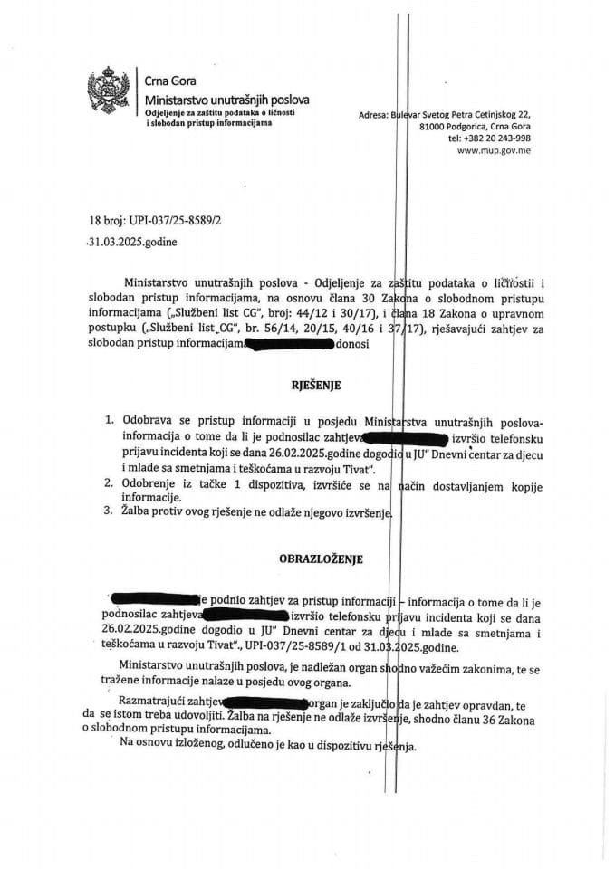 Rješenje br. 18-UPI-037/25-8589/2