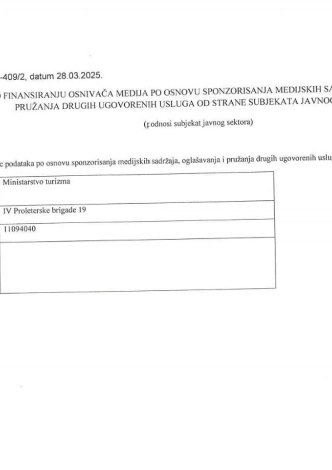 Образац о финансирању оснивача медија по основу спонзорисања медијских садржаја, оглашавања и пружања других уговорених услуга од стране субјекта јавног сектора