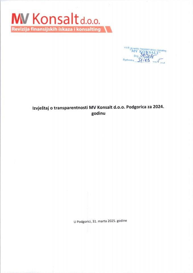Извјештај о транспарентности МВ Консалт д.о.о. Подгорица за 2024. годину