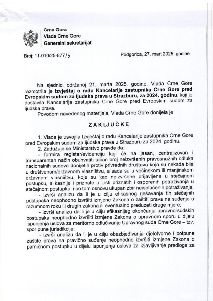 Извјештај о раду Канцеларије заступника Црне Горе пред Европским судом за људска права за 2024. годину - закључци