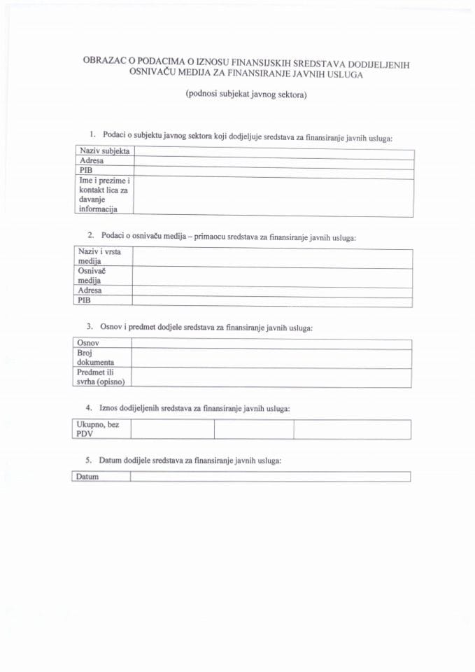 Obrazac o podacima o iznosu finansijskih sredstava dodijeljenih osnivaču medija