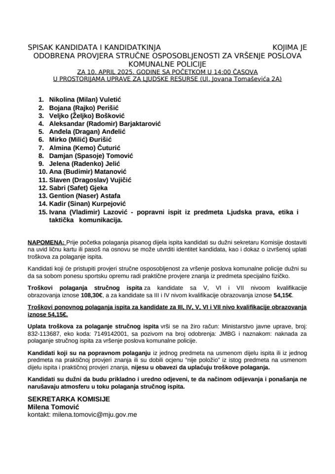Spisak kandidata 10. april 2025. godine komunalna policija