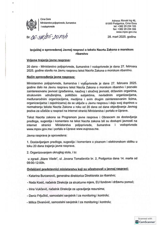 Izvještaj o sprovedenoj Javnoj raspravi o tekstu Nacrta Zakona o morskom ribarstvu